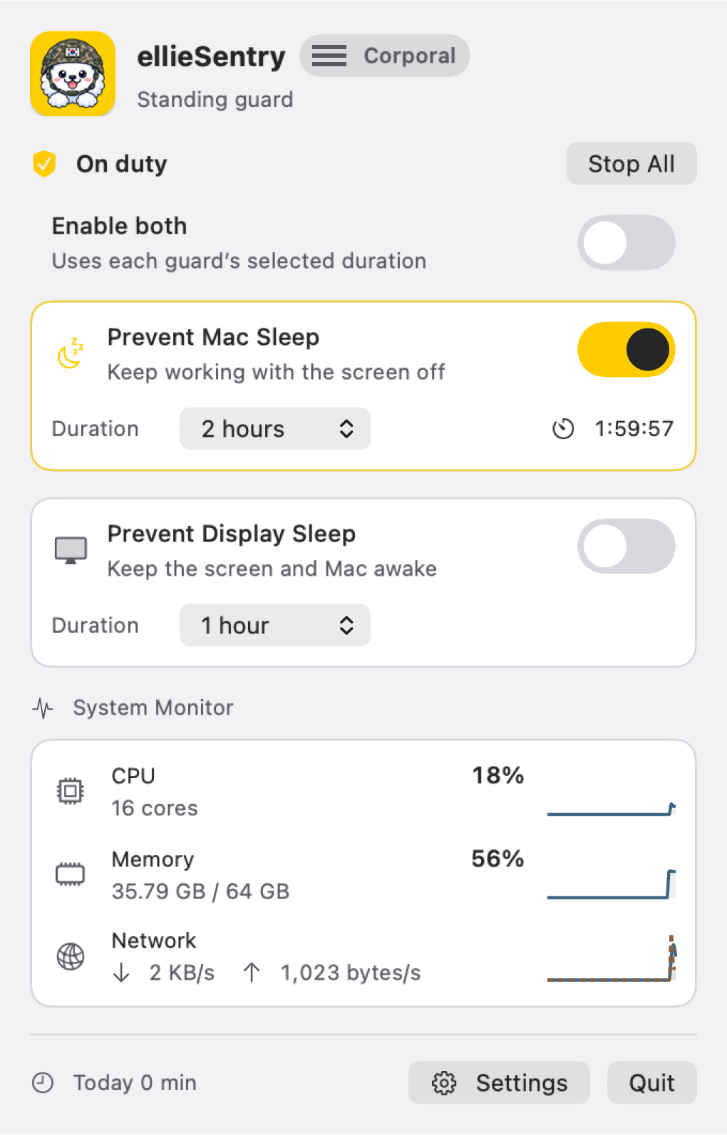 Menu with system sleep prevention on and display sleep prevention off