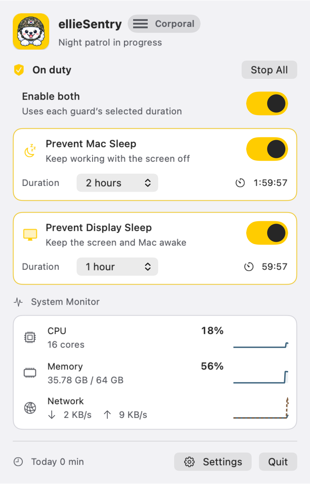 Ellie Sentry menu with both sleep controls enabled and the live system monitor