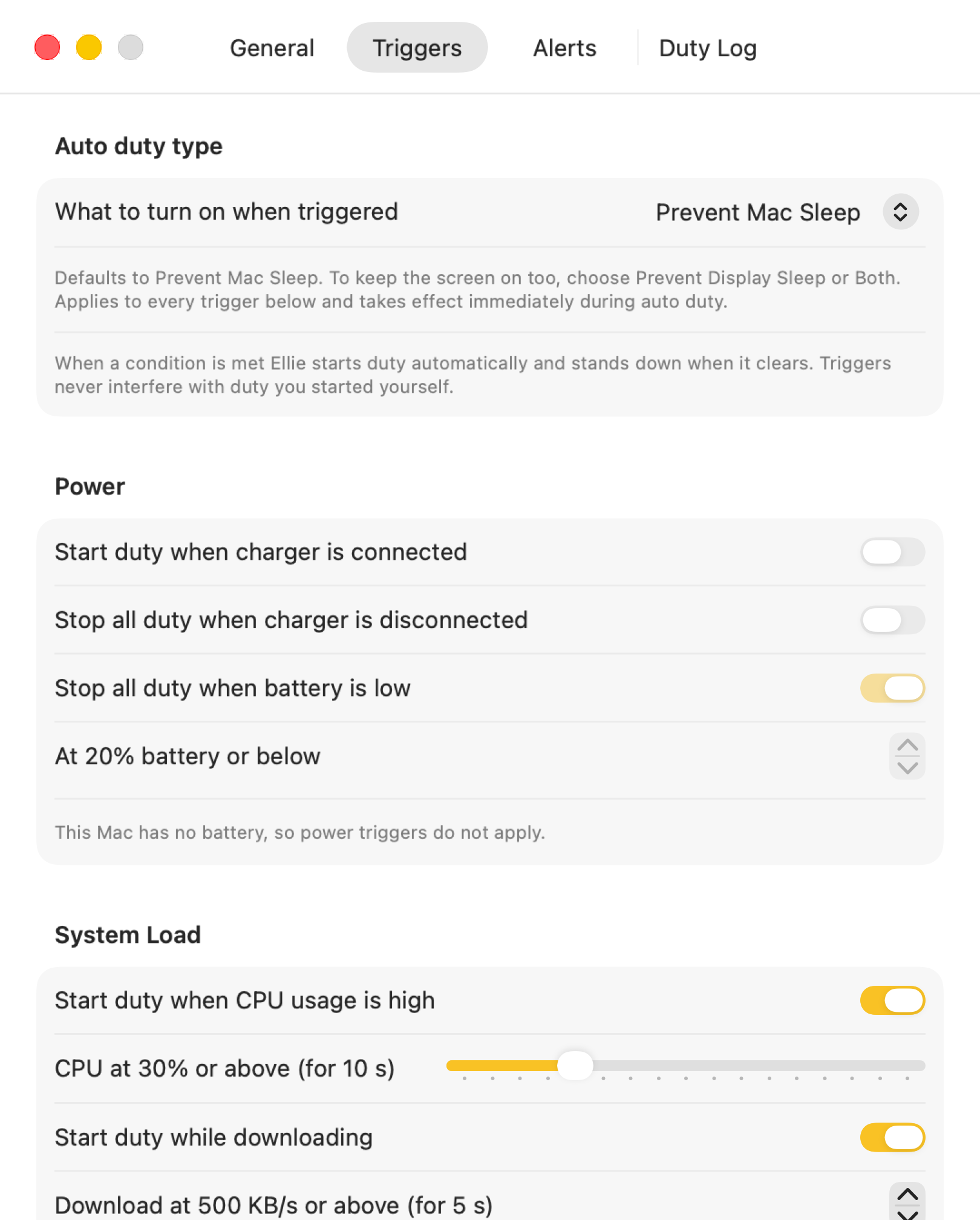 Automatic duty settings for system load, downloads, and apps